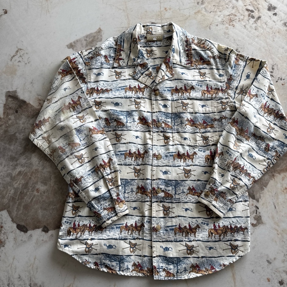 Vintage Liz Claiborne Cream Button-Up Shirt with Navy and Brown Western Motif